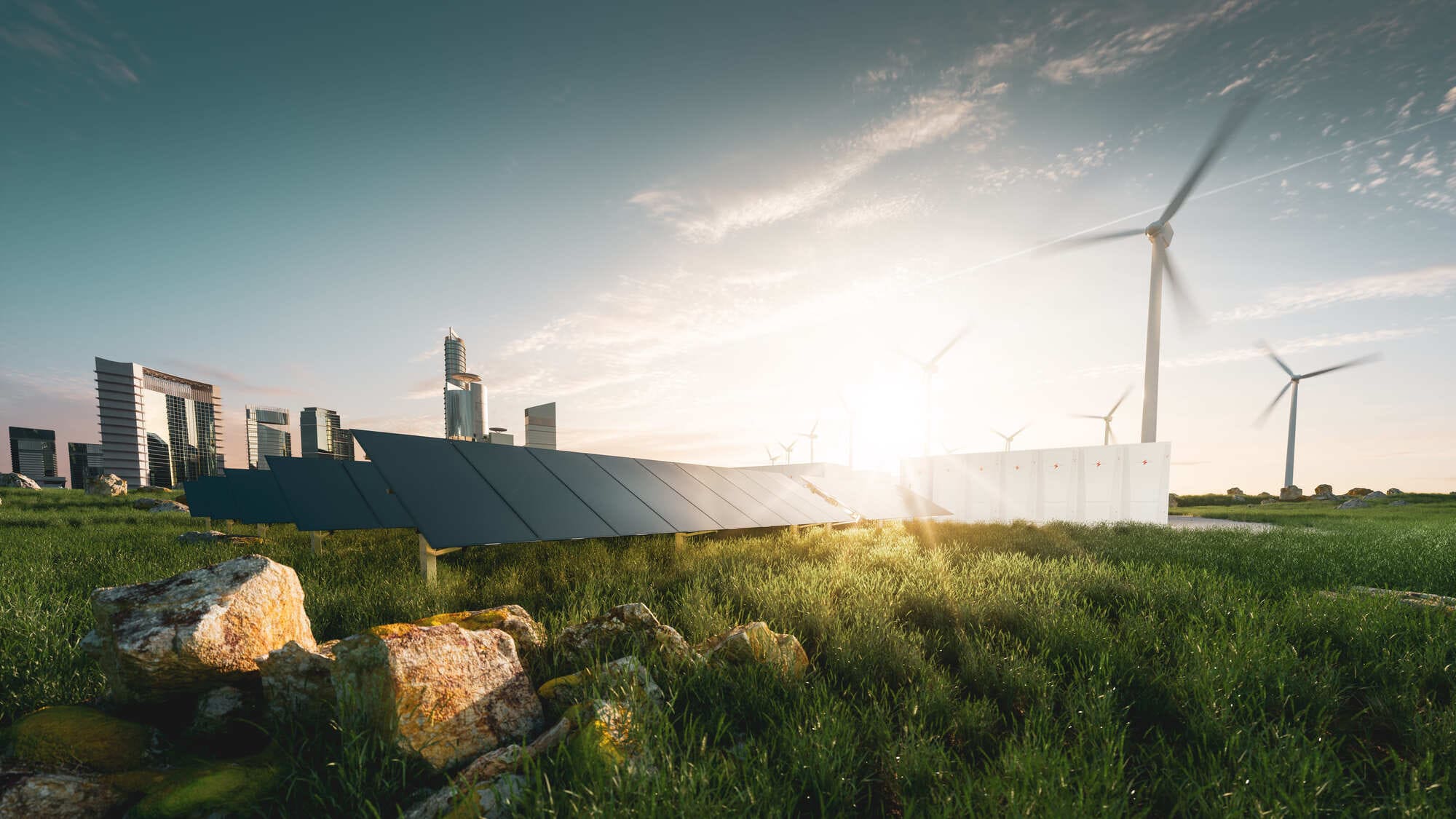 energie verde cu turbine eoliene și panouri fotovoltaice