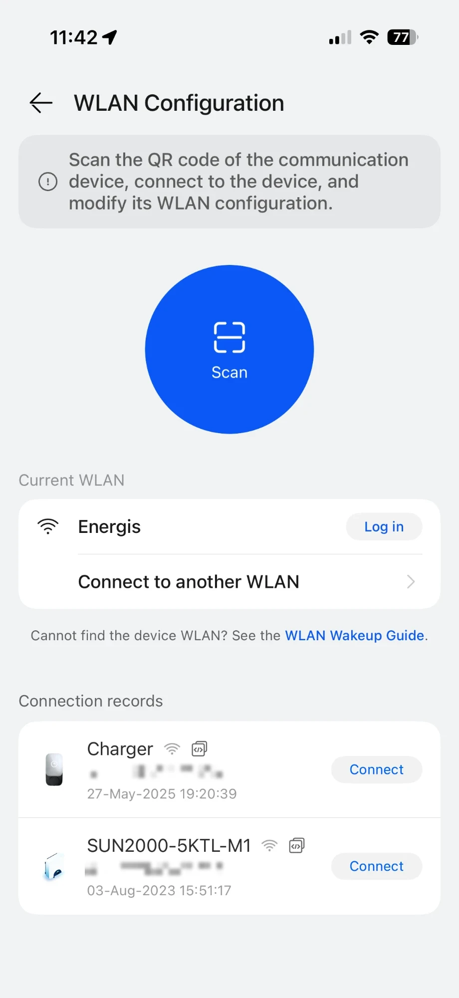 Ecranul WLAN Configuration, cu butonul albastru Scan