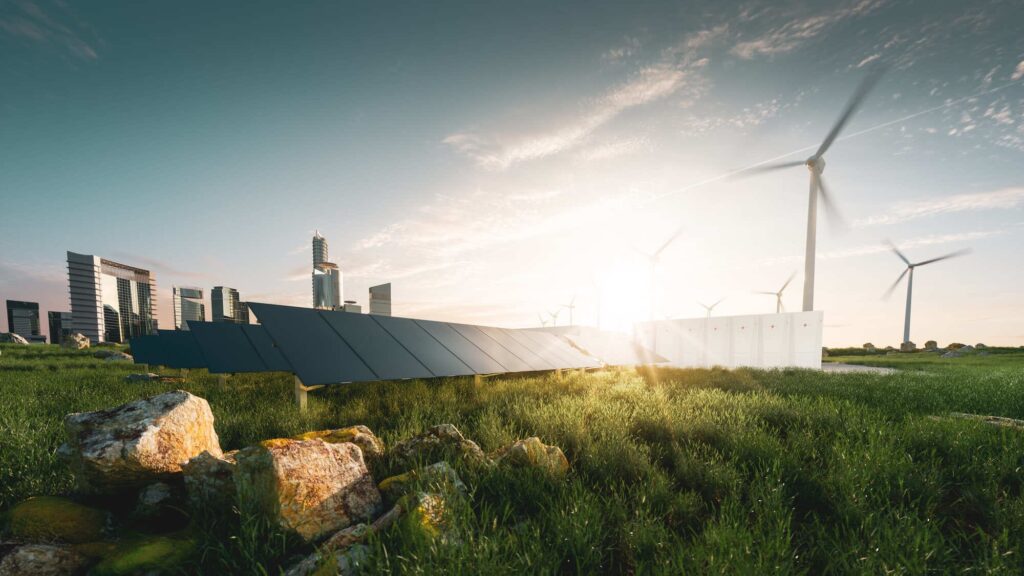 energie verde cu turbine eoliene și panouri fotovoltaice